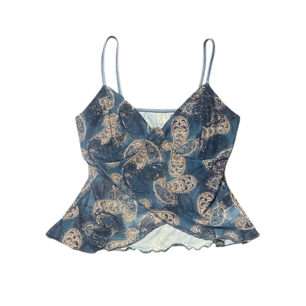 Romwe Top Womens S Blue Fairycore Paisley Printed Mesh Sheer‎ Cami Ruffled Crop